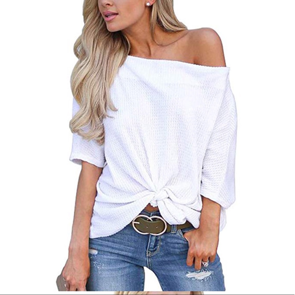 NEW!  Off Shoulder Thermal Waffle Knit Twist Top - Picture 5 of 8